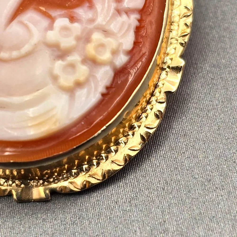 14K Yellow Gold Shell Cameo Brooch/Pendant Hand-Carved Profile 5.28g Signed LJI - Picture 4 of 11